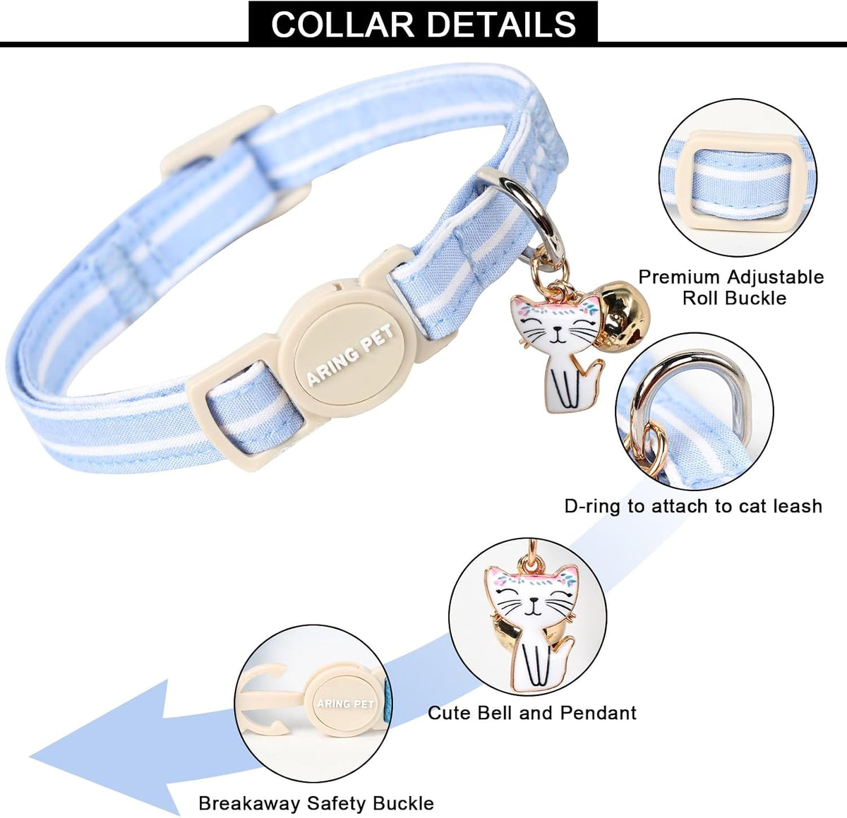 ARING PET 2 Pack Cat Collar-Cute Cotton Cat Collar Breakaway - Blue & Green Striped - image 3