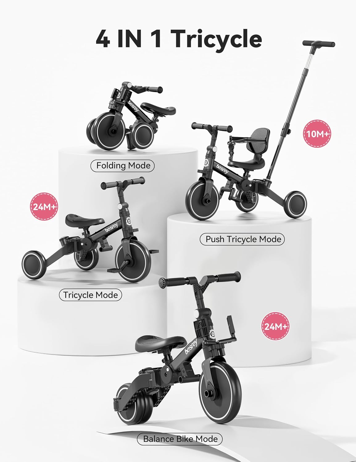 besrey Folding Toddler Tricycle-to-Balance Bike with Push Handle - Black - image 2