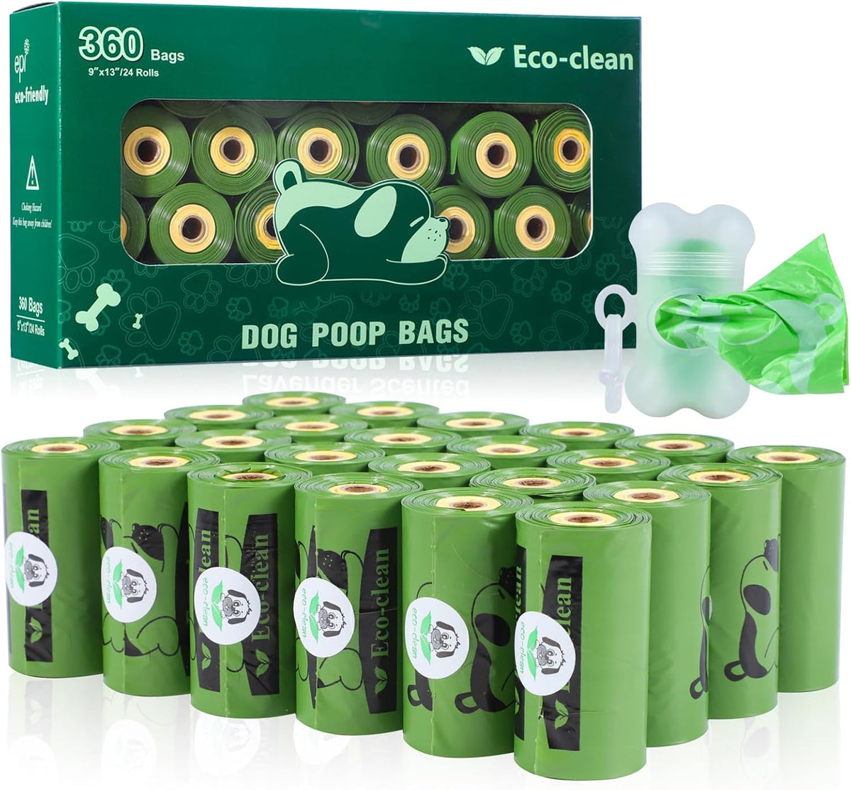 ECO-CLEAN Dog Poop Bags, 24 Rolls/360 Bags with Dispenser – Essentials for Dogs - Green with Indicator