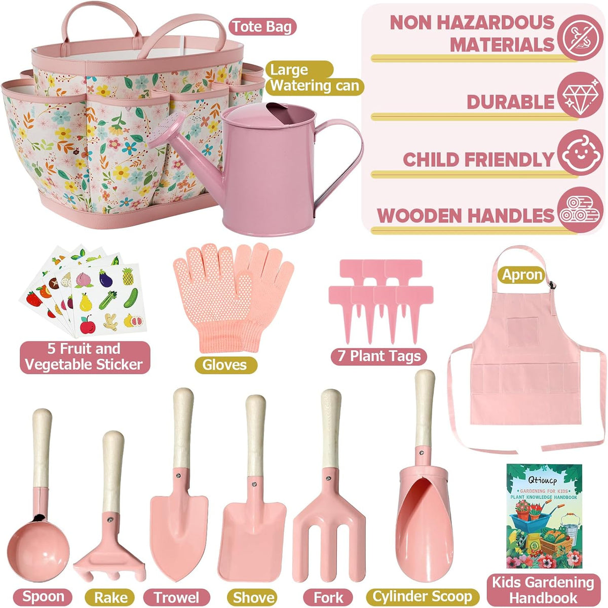Qtioucp Kids Gardening Set 14Pcs Garden Tools with Tote Bag - Pink - image 2