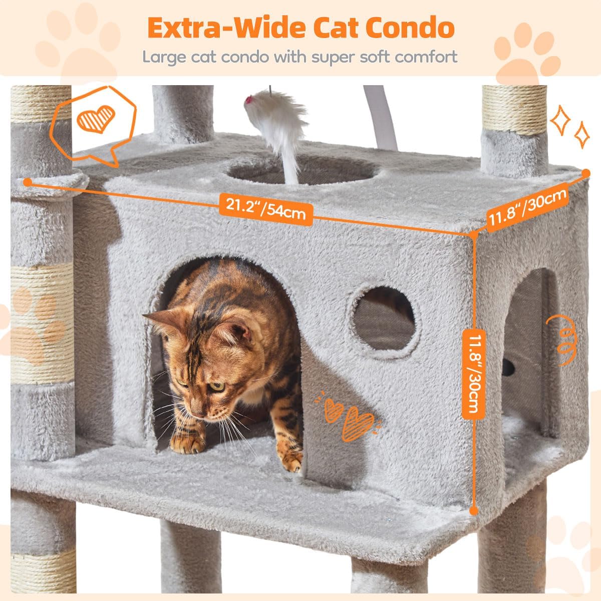 Taoqimiao Cat Tree, 67 in Tall Cat Tower with 2 Plush Cat Condos – Essentials for Cats - 73 inches / Light Gray - image 3