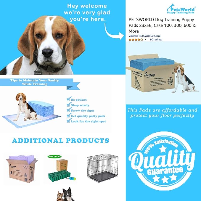 PETSWORLD Puppy Pads, 23x36 Inch, 200 Count - Puppy Pee Pads for Dogs, Tear Resistant, Economy Value, Super-Absorbent Polymer Gel Core, Perfect for Puppies, Smaller Dogs