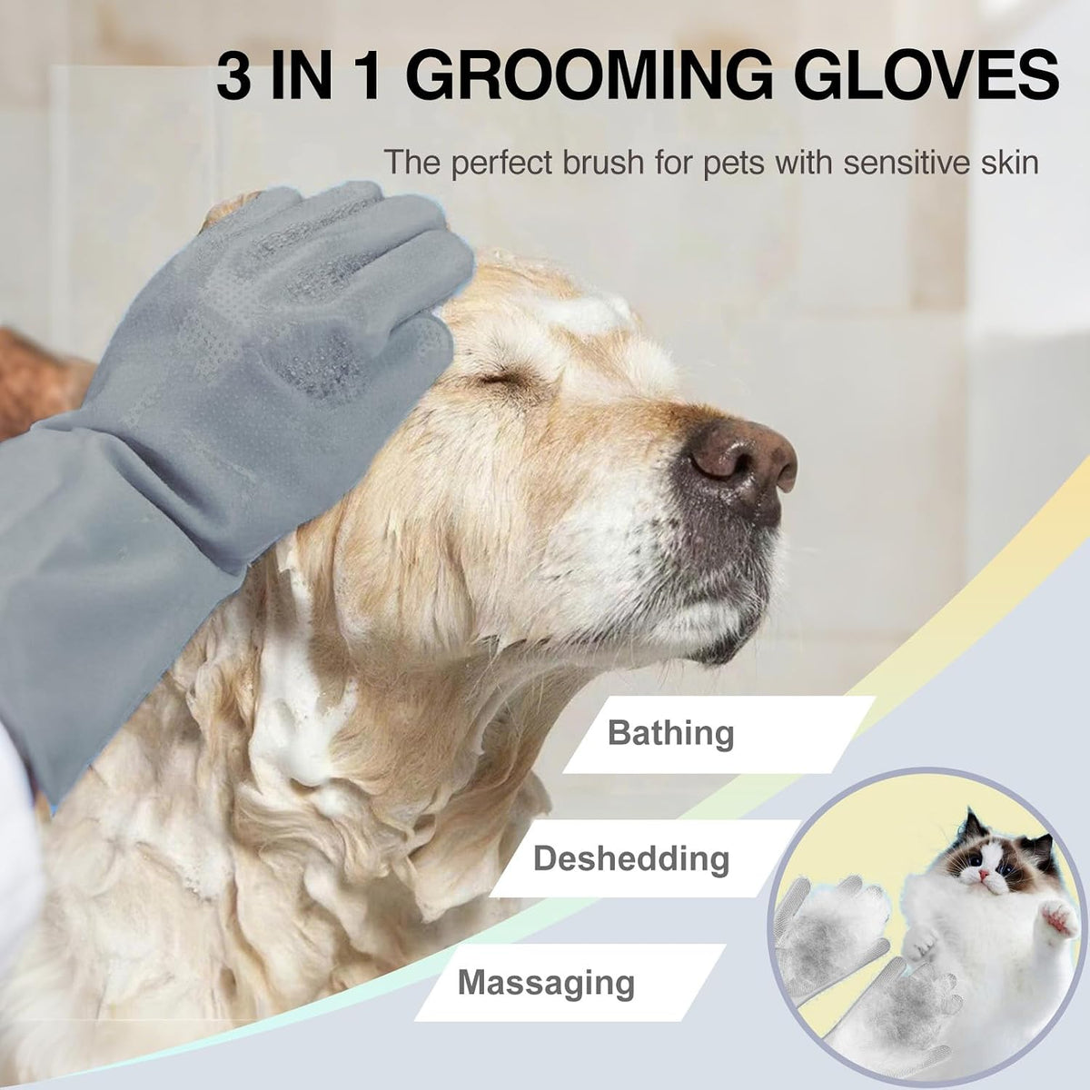 Pet Grooming Gloves, 5-Finger Silicone Dog Bath Scrubber with High-Density Teeth, Reusable Washing - Grey - image 2