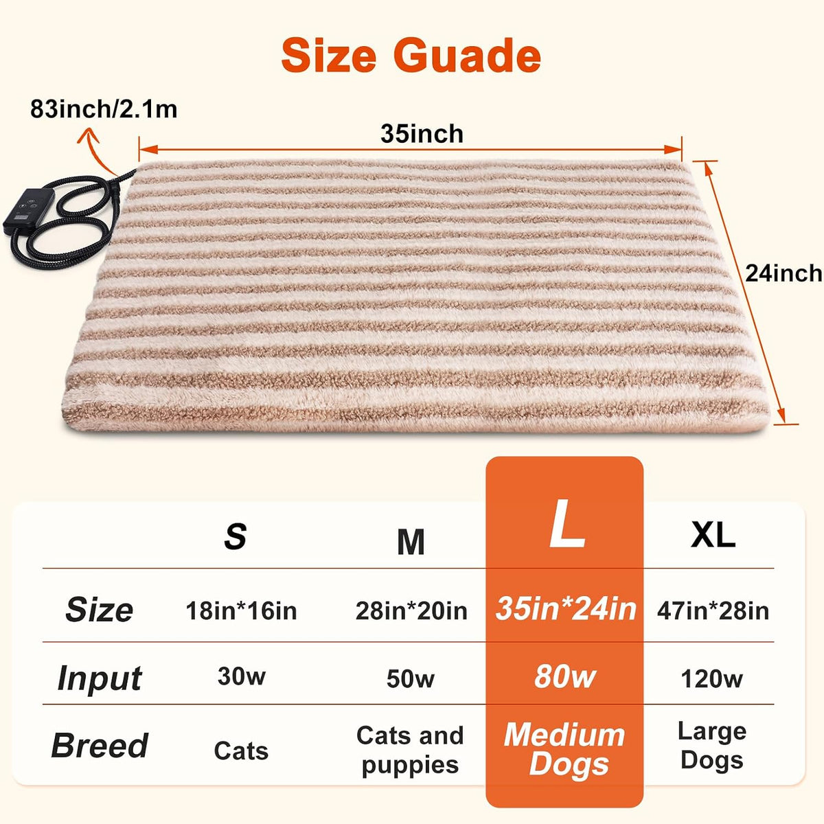 Large Pet Heating Pad, Adjustable Temperature with Timer - Beige / L (35'' x 24'') - image 2