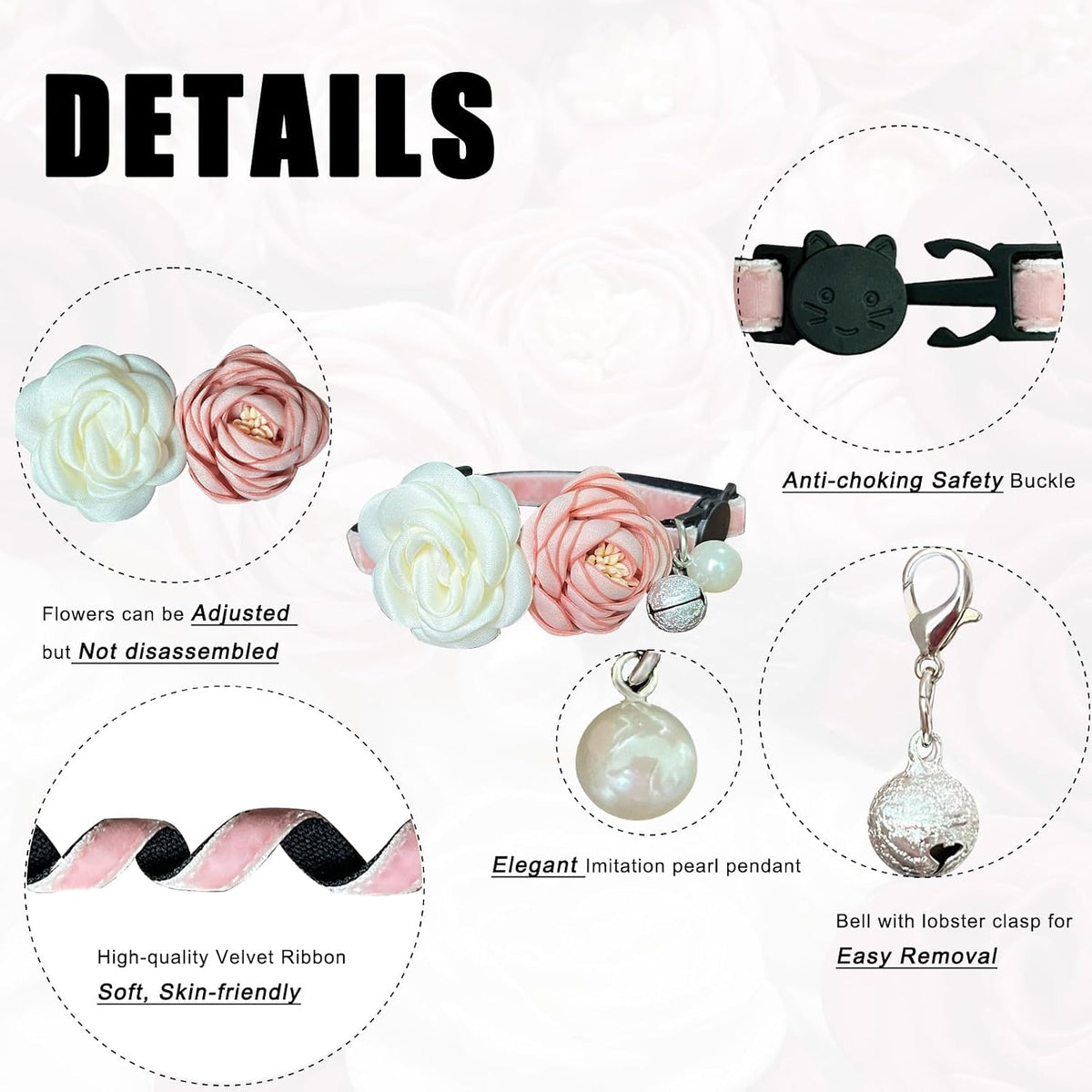 Fupo Cat Collar, Breakaway Adjustable with Bell& Flower - Pink - image 2