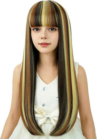 WAVELNM kids long straight black wig with hot pink highlights and bangs - view 36