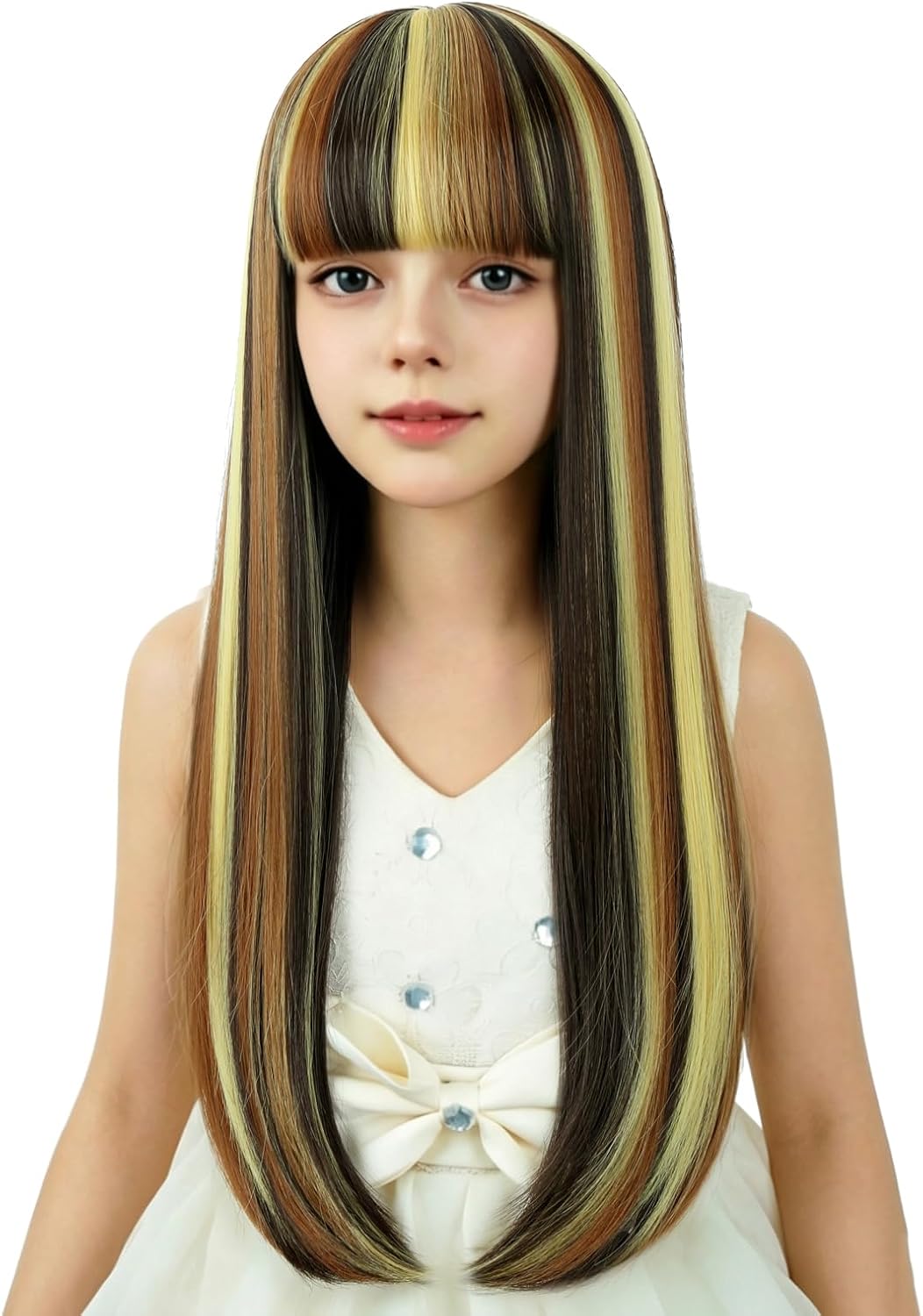 WAVELNM kids long straight black wig with hot pink highlights and bangs - view 36