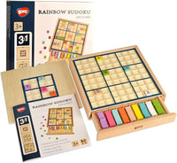 BOHS wooden color sudoku board game with multicolored number tiles, drawer and puzzle book