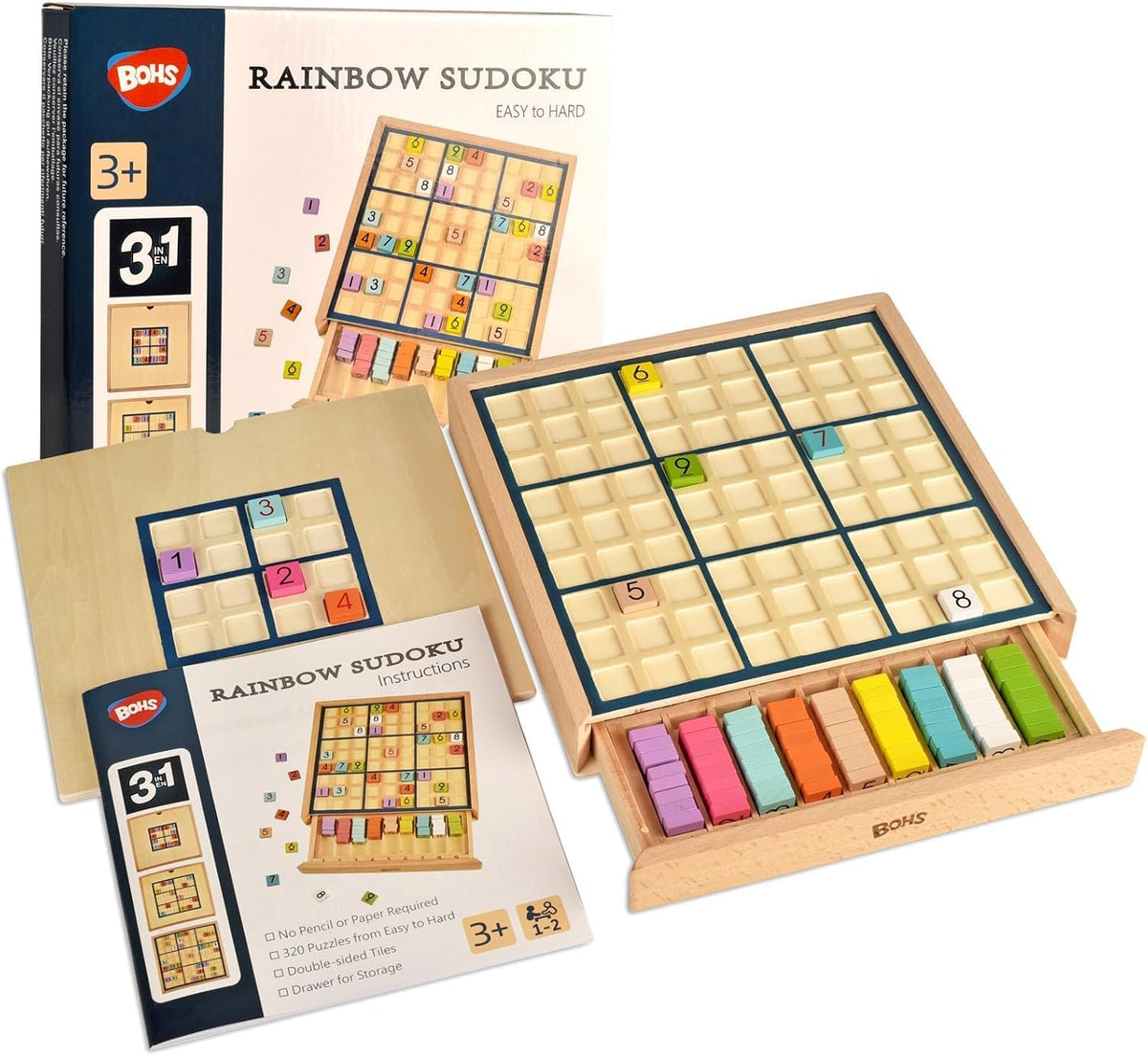 BOHS wooden color sudoku board game with multicolored number tiles, drawer and puzzle book