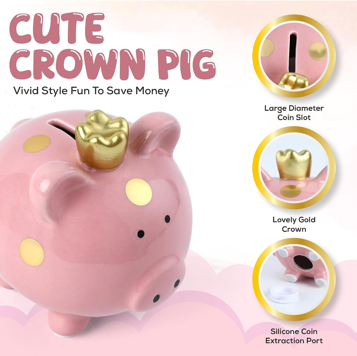 SOBEIT Piggy Bank for Kids Girls Boys, Glazed Ceramic Coin Bank - Style 2 Pink - image 2