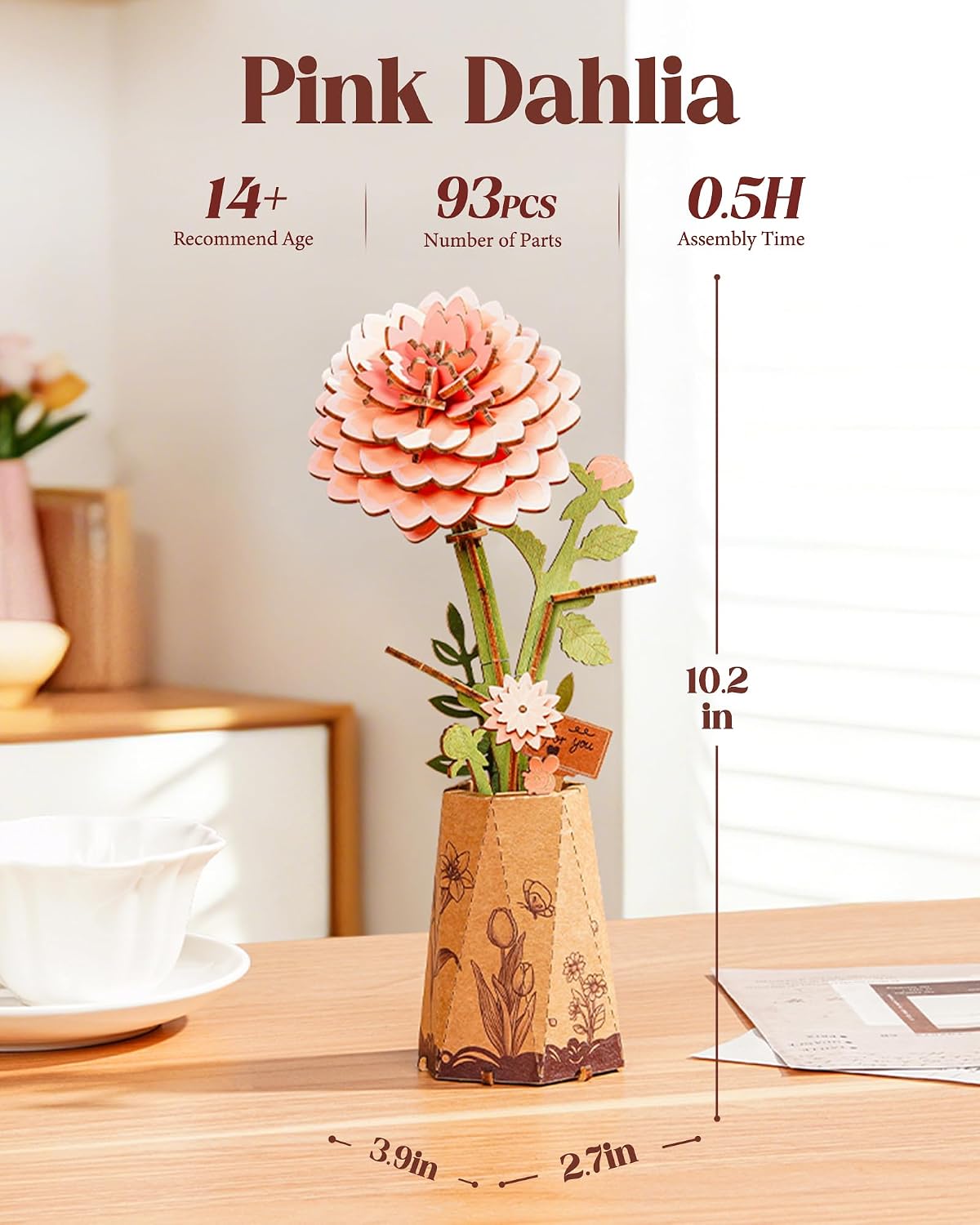 Wowood 3D wooden pink lily flower puzzle assembled model - view 23
