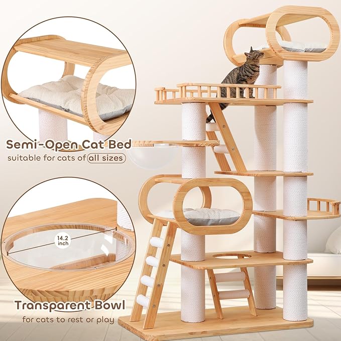 76.8'' Tall Modern Large Cat Tree,Multi-Level Wood Cat Tower for Indoor Cats Large Adults,Luxury Heavy Duty Cat Condo with Cushion,Scratching Posts,Clear Hammock Activity (76.8inch)