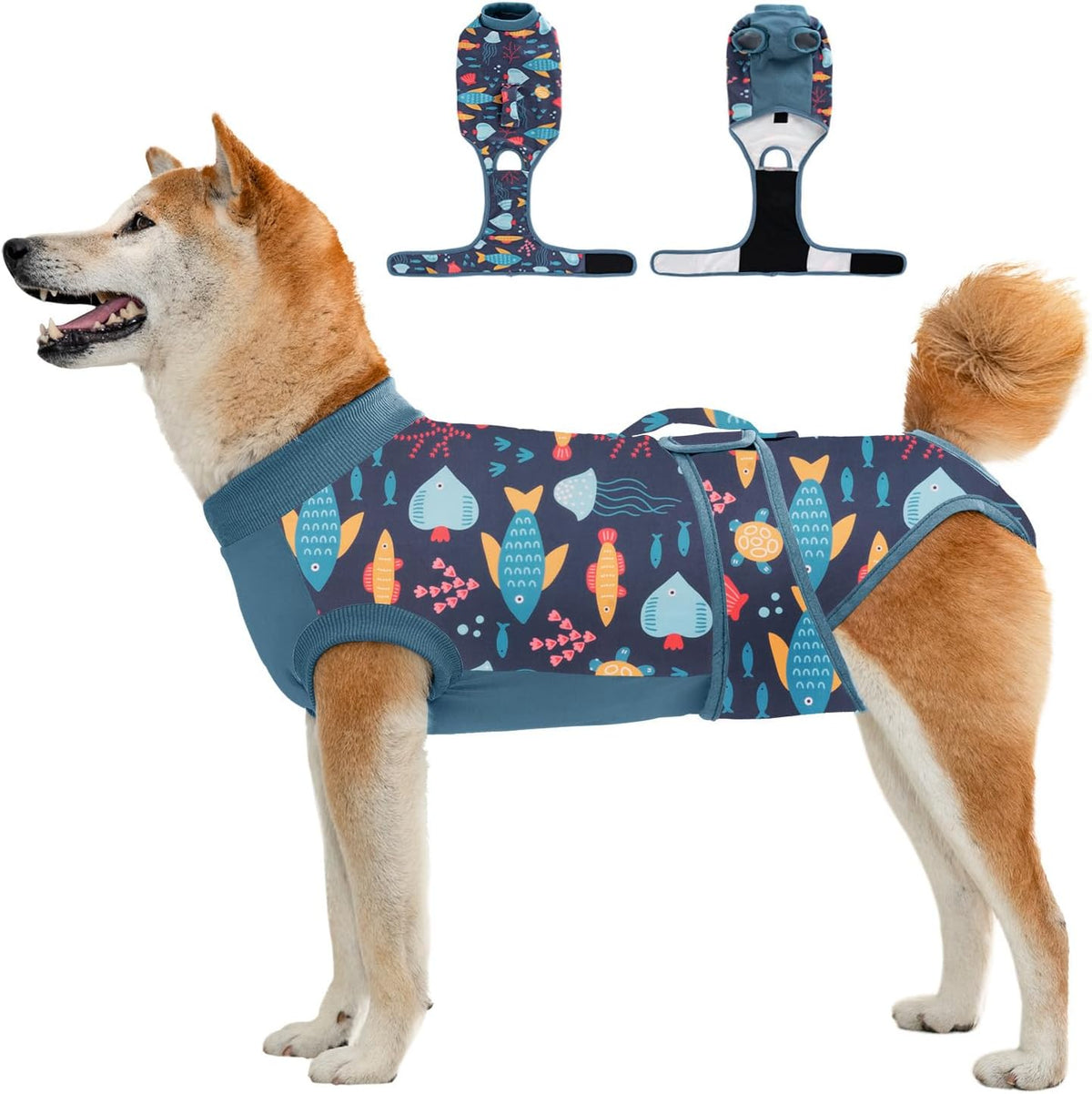 Recovery suit for dogs and cats in stretchy breathable fabric with magic tape closure