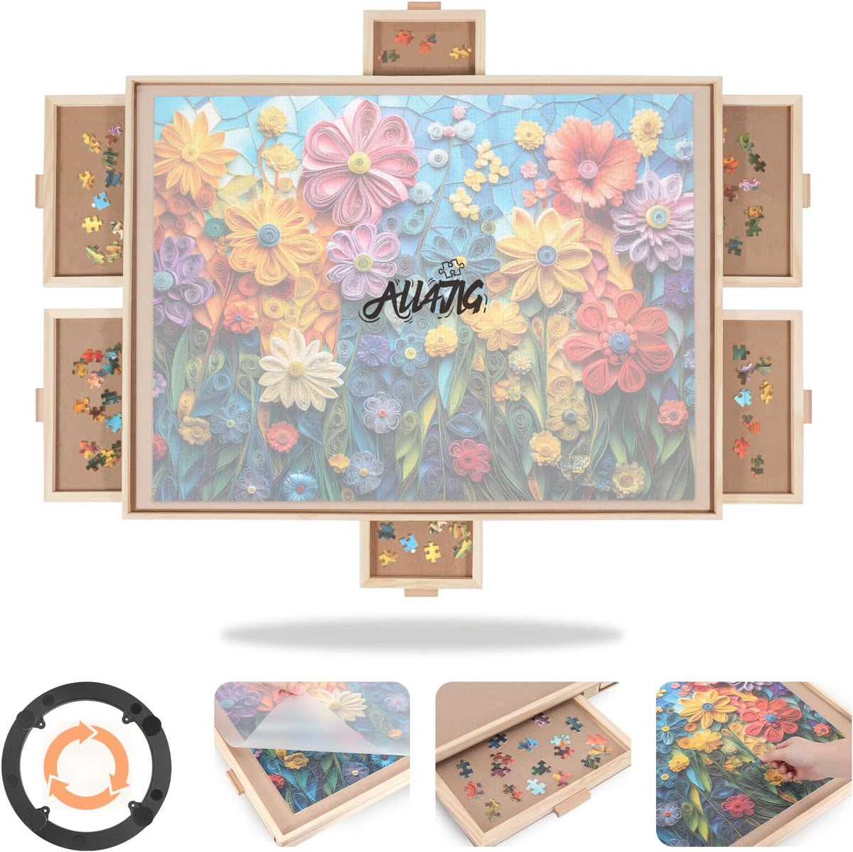 ALL4JIG 1500 Piece Rotating Puzzle Board with 4 Drawer - Natural Wood-6 Drawers / Medium-1500pcs