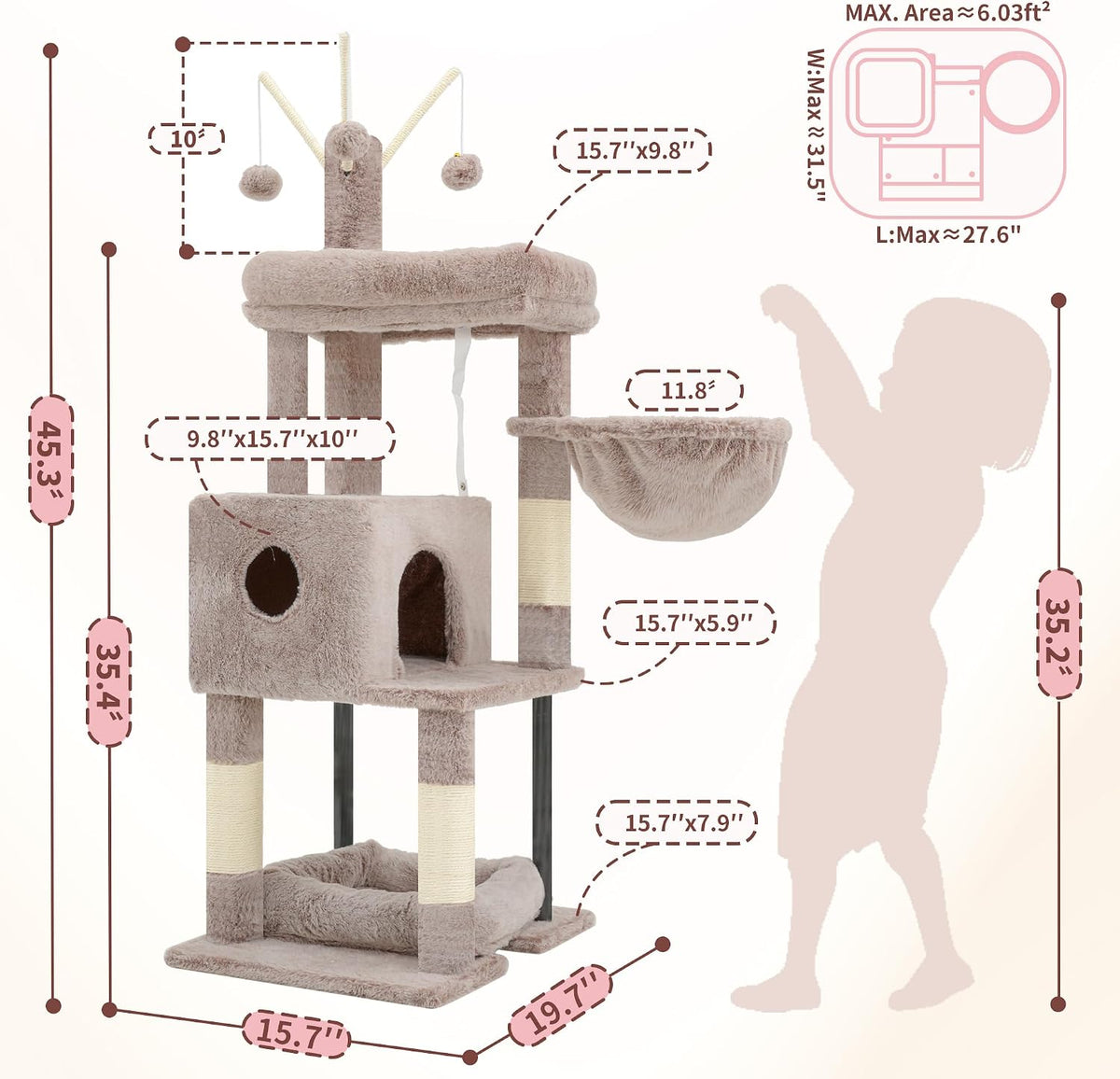 Heybly Cat Tree, 45.3" Cat Tower for Indoor Cats with Large Perch HCT202SG – Essentials for Cats - 45.3 inch / Muchroom - image 3