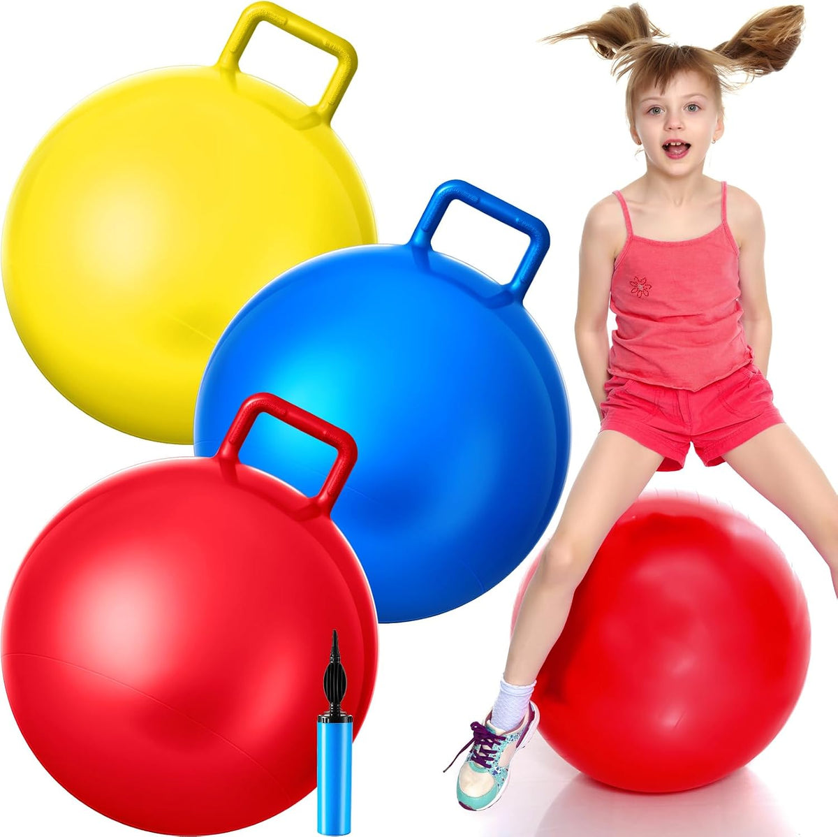 Lewtemi 3 Pcs 29" Hopper Ball Handle, Gradient Red - 20" / Red, Blue, Yellow