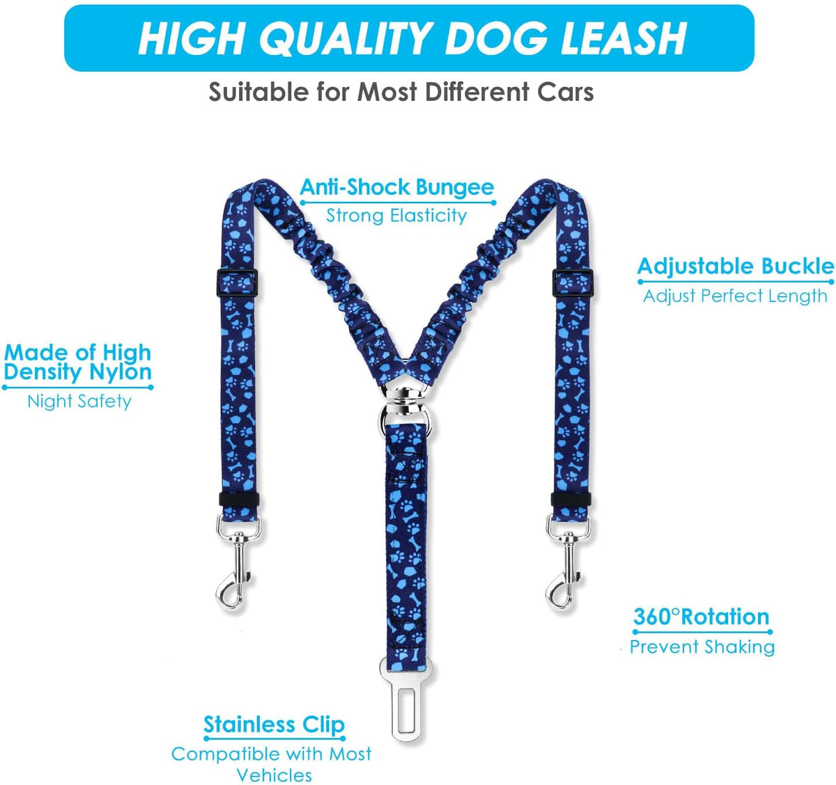 SlowTon Double Dog Seat Belt for Car with Elastic Bungee Buffer - I.Blue Paws / 2 Small in 1 - image 3