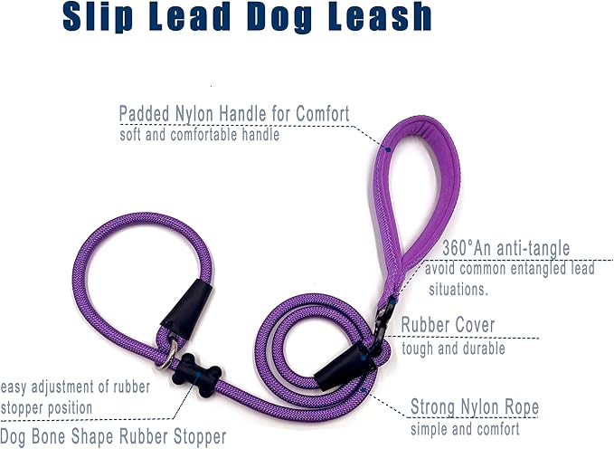 Slip Lead Dog Leash，Strong Nylon Rope Leash and Padded Handle,No Pull Outdoor Walking Training Lead for Small Medium Large Dogs(Purple,1/2"×4ft)