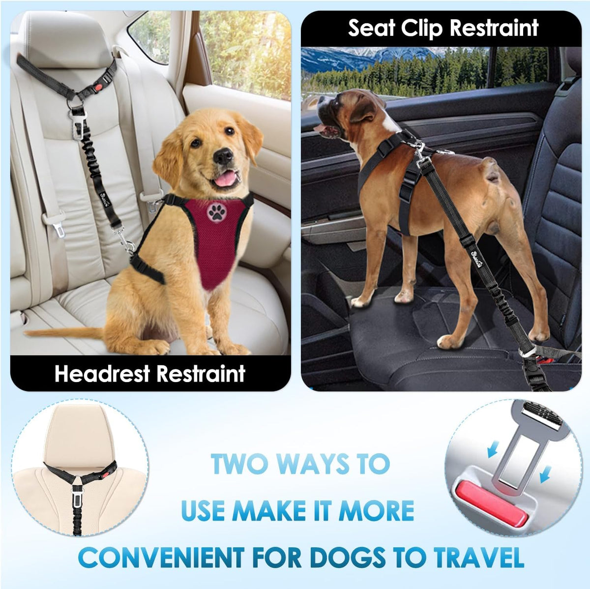 Lukovee Dog Seat Belt, 3-in-1 Headrest & Seatbelt Clip & Latch, 2 Pack – Essentials for Dogs - B-Black / A- Headrest with Clip + 2 in 1 Seat Belt - image 3
