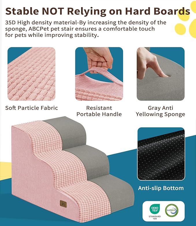 Dog Step for Bed, Dog Stair 3-Step 35D Pet Stair 15.7" H for High Bed or Sofa Non-Slip Balanced Pet Step Indoor, Pink
