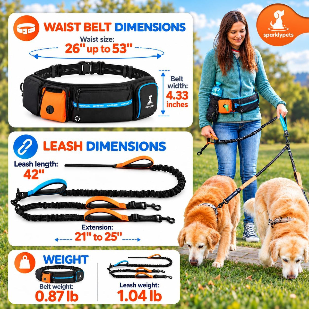 Active Pack Hands Free 2 Dogs Leash Medium & Large - Active Premium Orange Pack / 2 dogs M/L - image 2