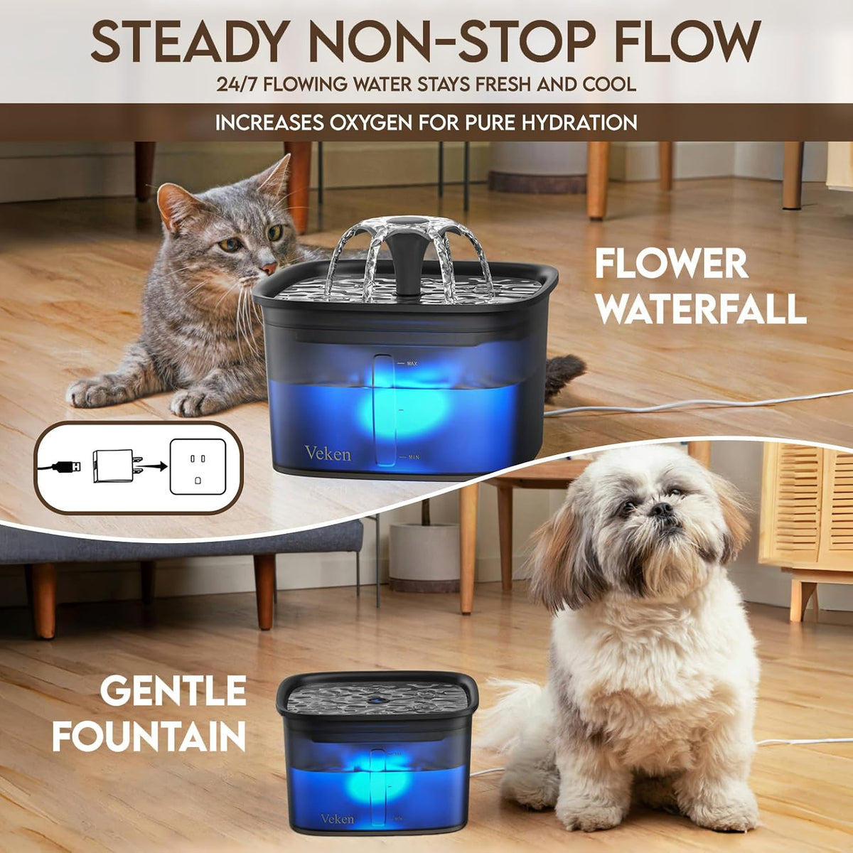 Veken Innovation Award Winner 95oz/2.8L Cat Water Fountain - Space Black / 2 Filters+2 Sponges - image 2
