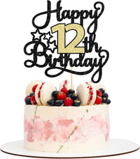 1Pc Happy 80th Birthday Cake Topper Black Gold Glitter Cheers to 80 - 12th