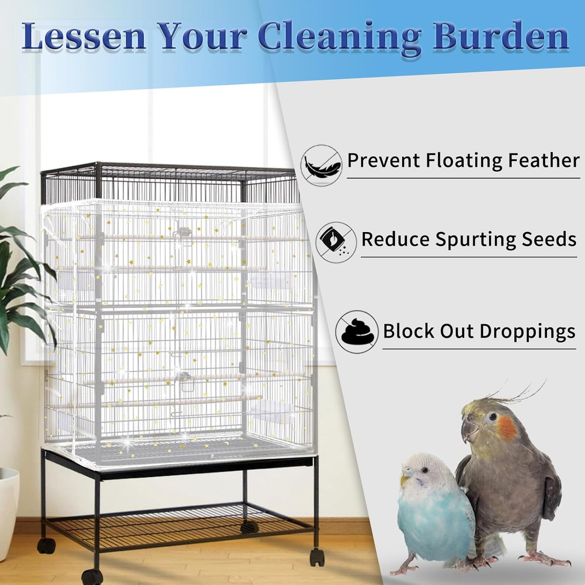 Bird Cage Seed Catcher, Large Bird Cage Cover - White, Sequins Star - image 4