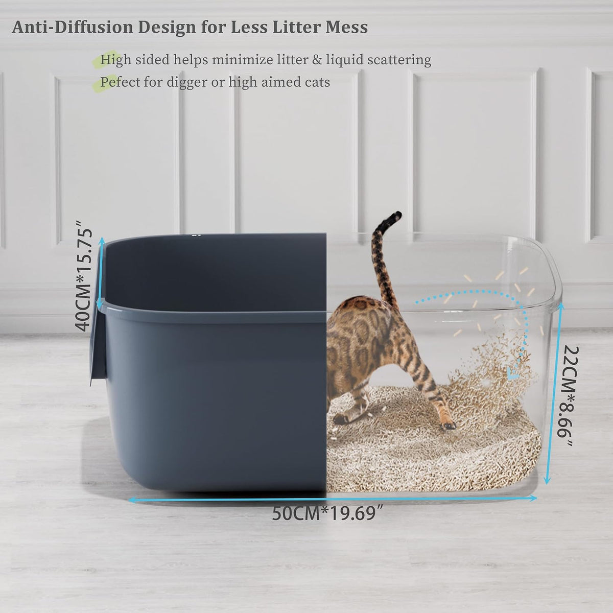 Vealind Large Cat Litter Box High Sided Entry Cat Litter Pan 50 x 40 - Grey - image 3