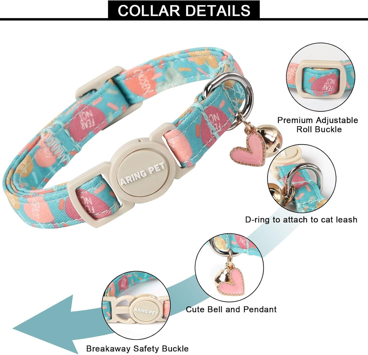 ARING PET 2 Pack Cat Collar-Cute Cotton Cat Collar Breakaway - Valentine-Heart & Blue Heart - image 3