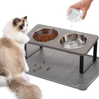 Upgraded Elevated Cat Bowls with Food Mat - Gray-2Bowls