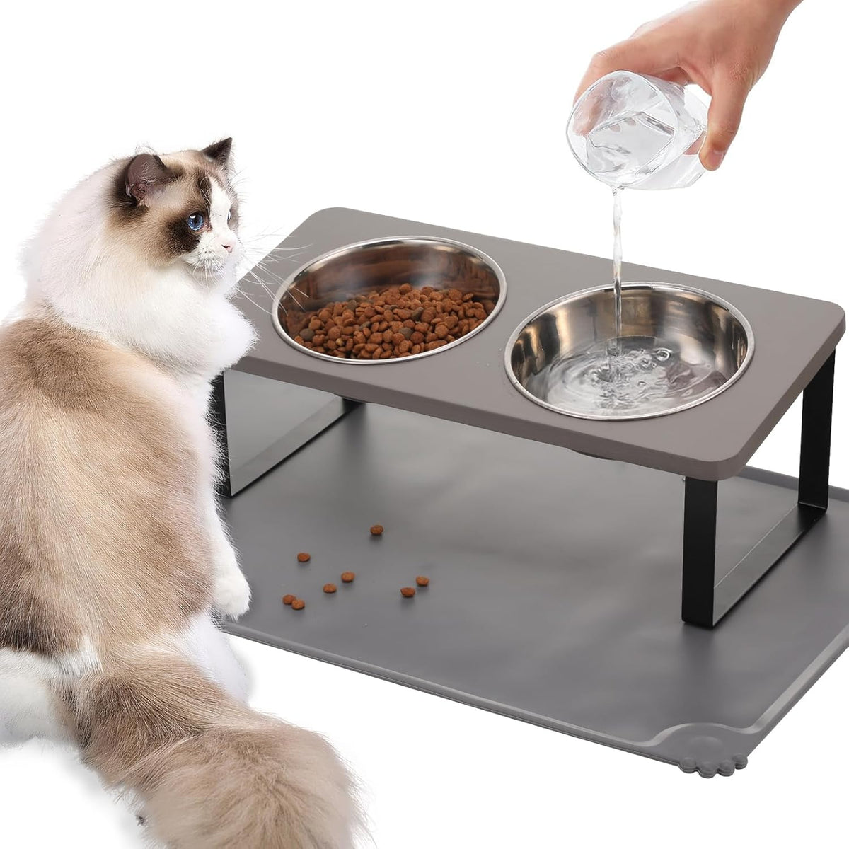 Upgraded Elevated Cat Bowls with Food Mat - Gray-2Bowls