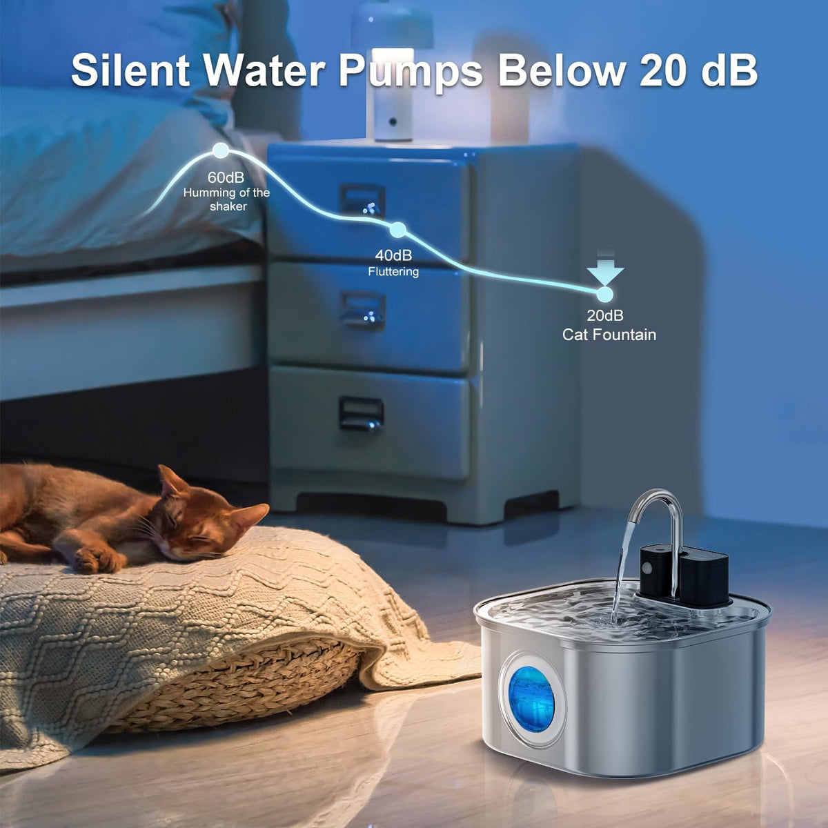 Cat Water Fountain Wireless, Stainless Steel-Rechargeable - Fountain +3 Filters+3 Sponges - image 2