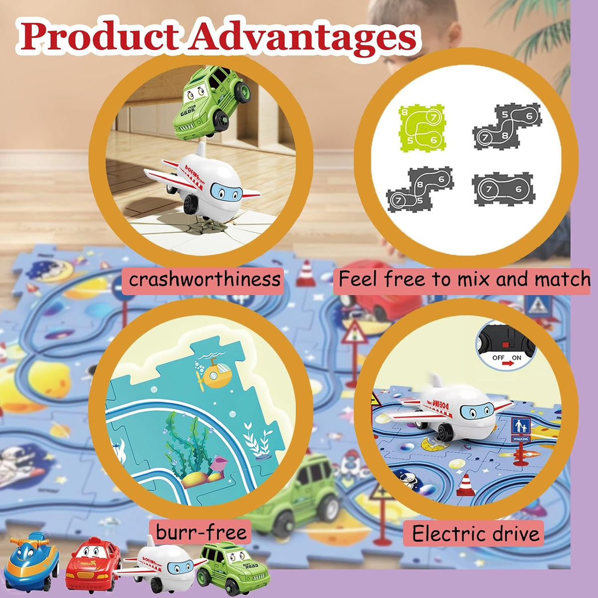 Ubegger puzzle car track set with puzzle road pieces, road signs and battery cars - view 13