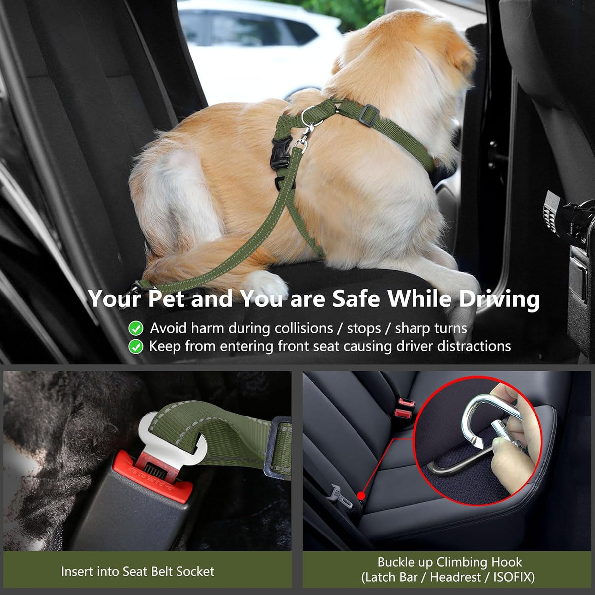 Dog Seat Belt Vest Harness for Car - Full Army Green / L (Chest: 22-32.3", Neck: 16.9-26") - image 2
