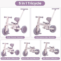 Bobike 5-in-1 toddler tricycle with push handle and seat backrest in purple - view 14
