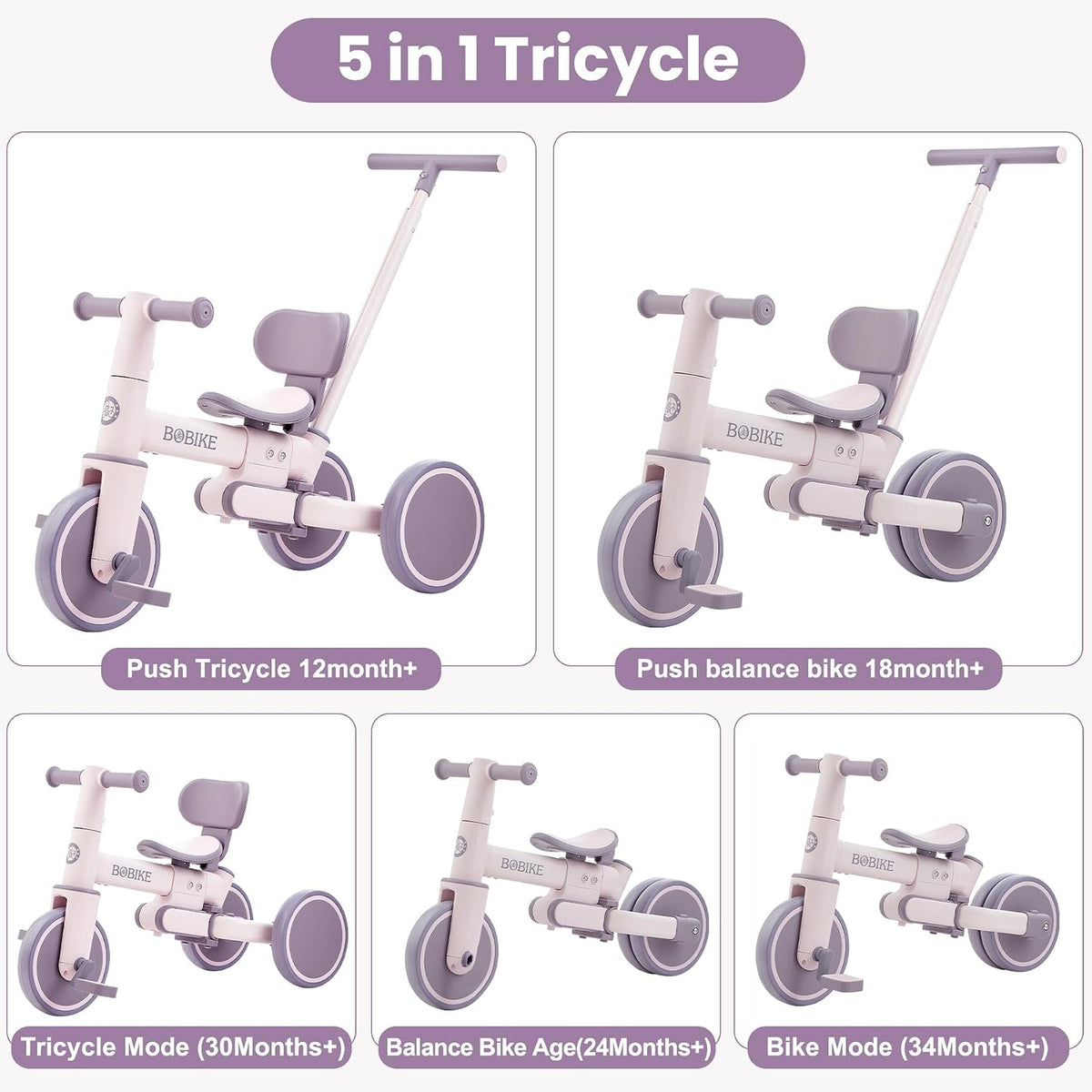 Bobike 5-in-1 toddler tricycle with push handle and seat backrest in purple - view 14