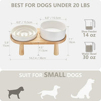 Ceramic Slow Feeder and Water Bowl Set for Small Dogs, Ceramic Dog Bowls Elevated with Wooden Stand, 0.6 Cups Dog Slow Feeder(14oz) and 30oz Water Bowl Set, White