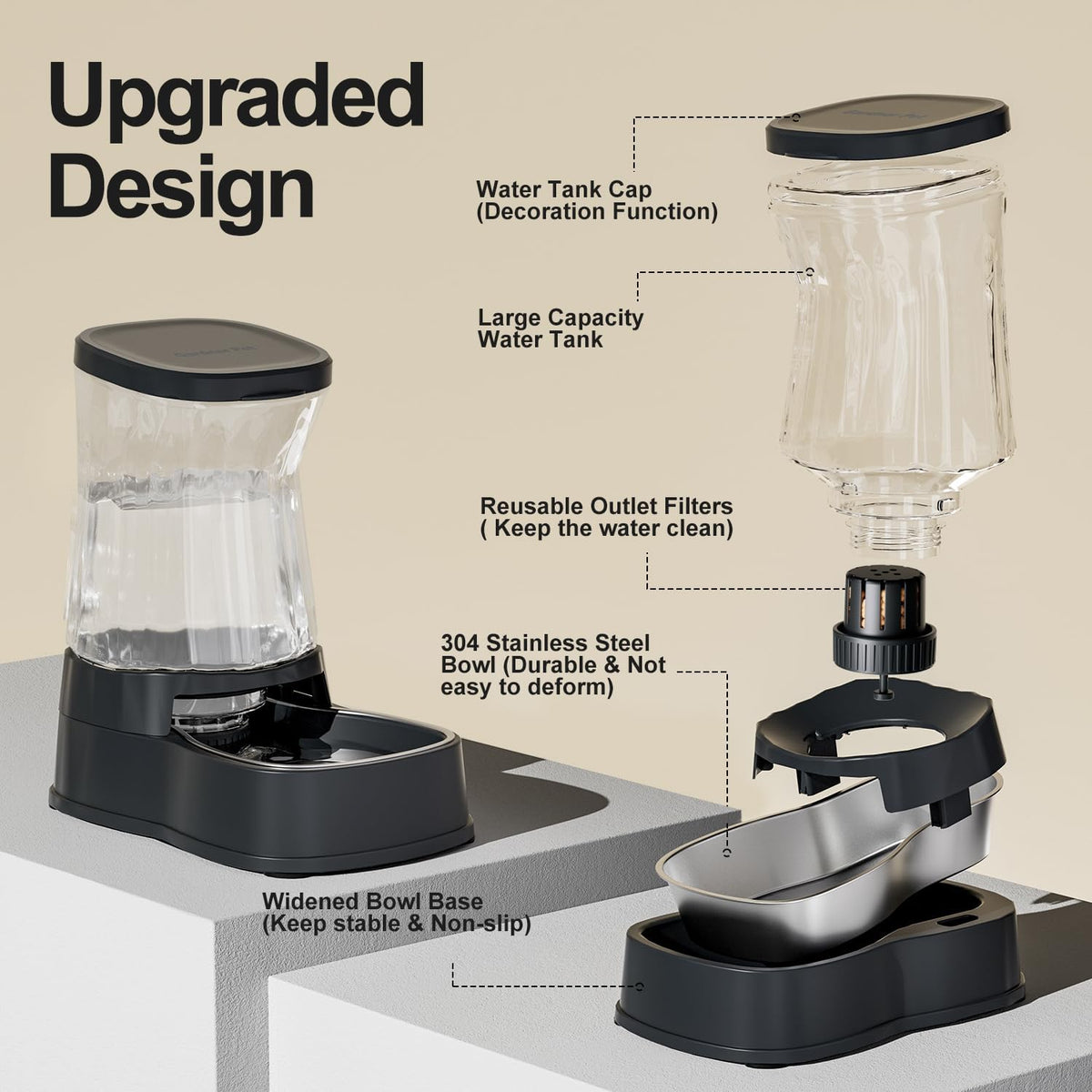 Automatic Dog Water Dispenser, Stainless Steel Bowls Feeder - Dark Grey / 1 Gallon - image 4