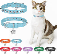 Leather Cat Collar, Breakaway Kitten Collars with Bell, Black – Essentials for Small Pets - Light Blue_Studded / 8"-12" Cats / Mini Dogs(Pack of 1)