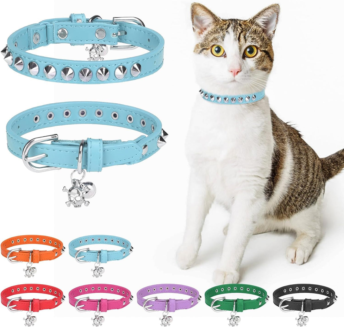 Leather Cat Collar, Breakaway Kitten Collars with Bell, Black – Essentials for Small Pets - Light Blue_Studded / 8"-12" Cats / Mini Dogs(Pack of 1)