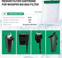 10 Count Medium Filter Cartridges Compatible with Whisper Bio Bag Filters, Large Aquarium Filter Cartridge for Whisper 10i/IQ10/PF10 and Repto Filter 90 GPH