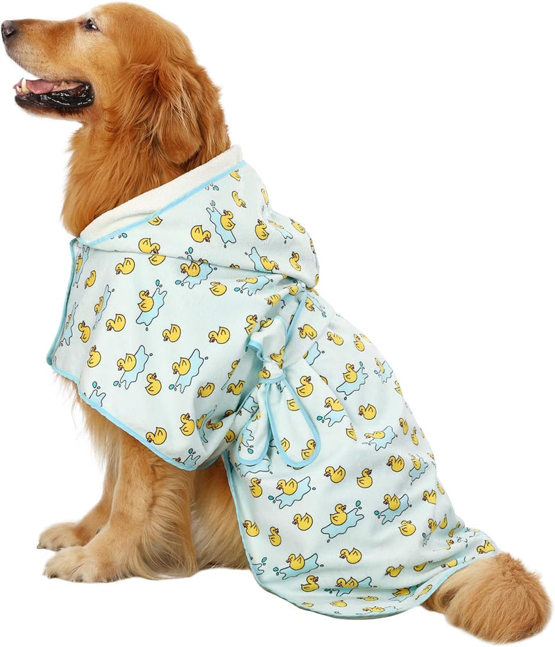 HDE Hooded Dog Bathrobe Quick Dry Towel Wrap for After Bath White - X-Large / Rubber Duck Puddles