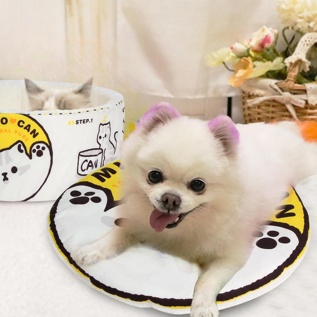 寵幸 Ramen Noodle Cute Cat Bed, Soft Warm Washable Kitten Bed - 19.7"L x 19.7"W x 7.9"Th / yellow white - image 2