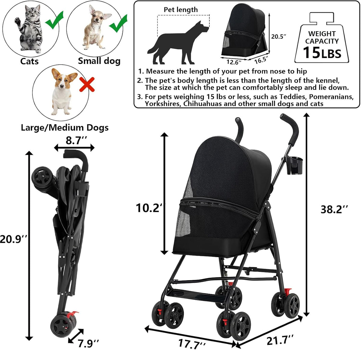 Cat Stroller Foldable Lightweight for Small Dogs Cats 0-15 lbs Pink – Essentials for Dogs - black - image 2