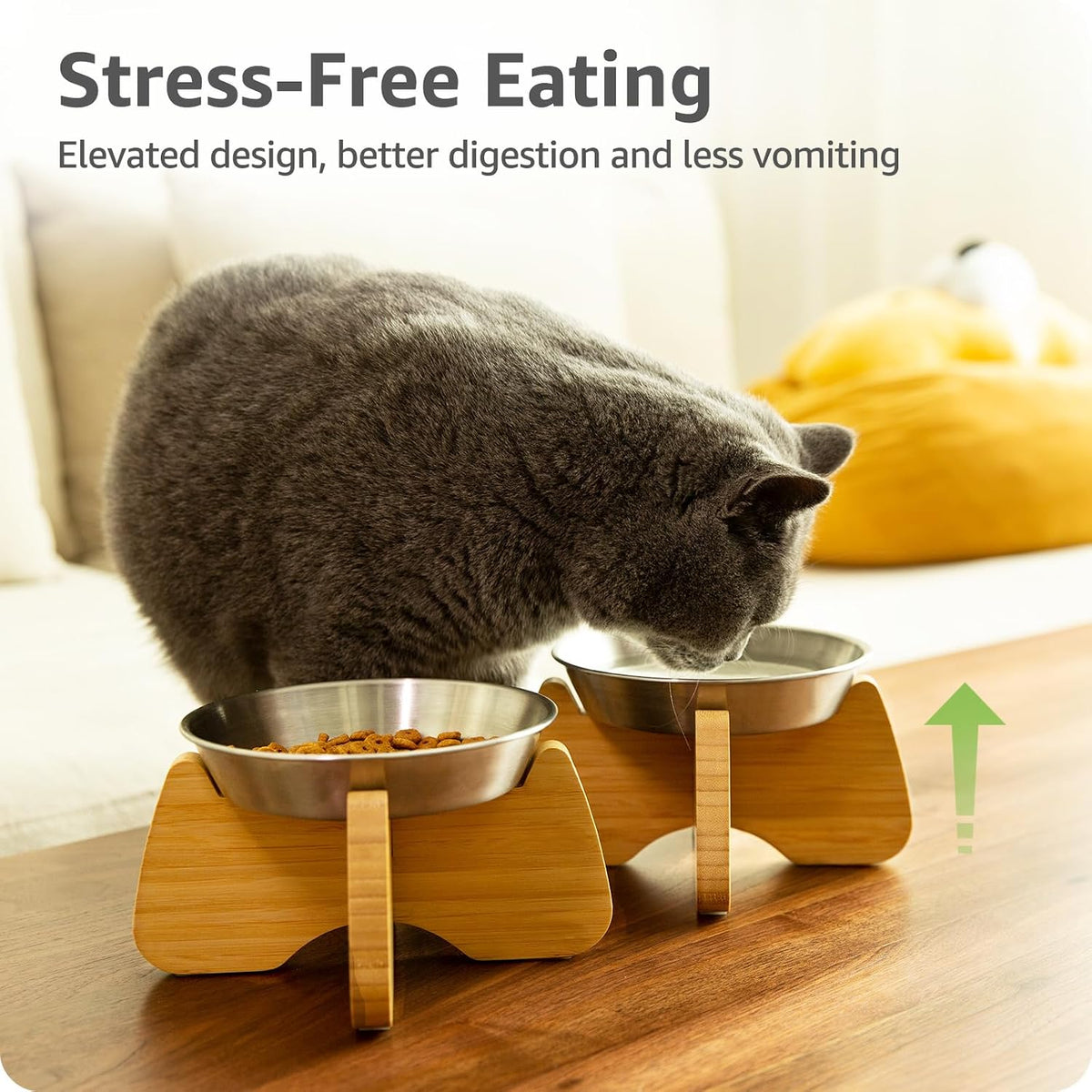 Raised Stainless Steel Cat Bowl with Bamboo Stand – Essentials for Cats - 1 PACK - image 2