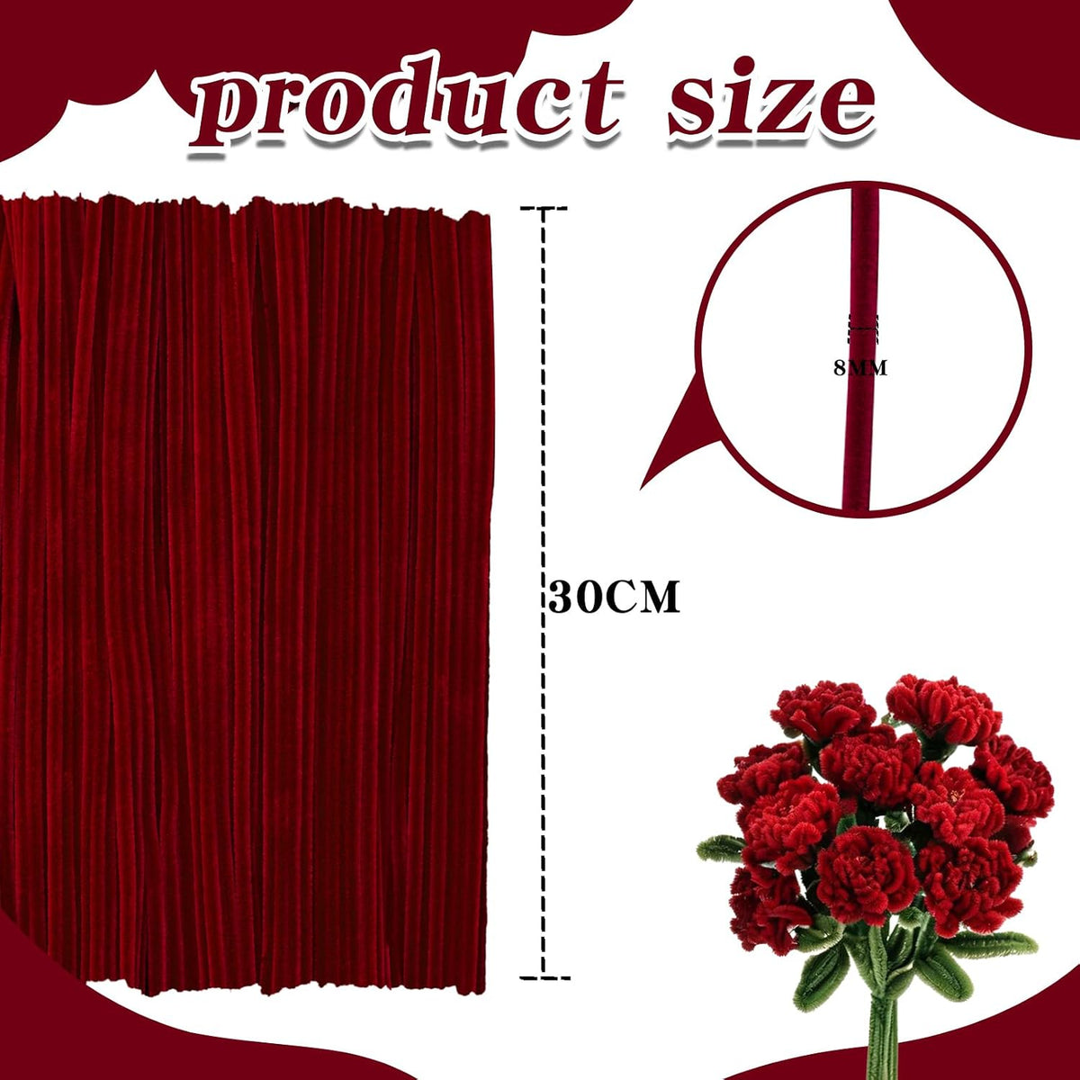 Black Pipe Cleaners for Crafts, Craft Supplies, Arts and Crafts - Rose Red - image 2