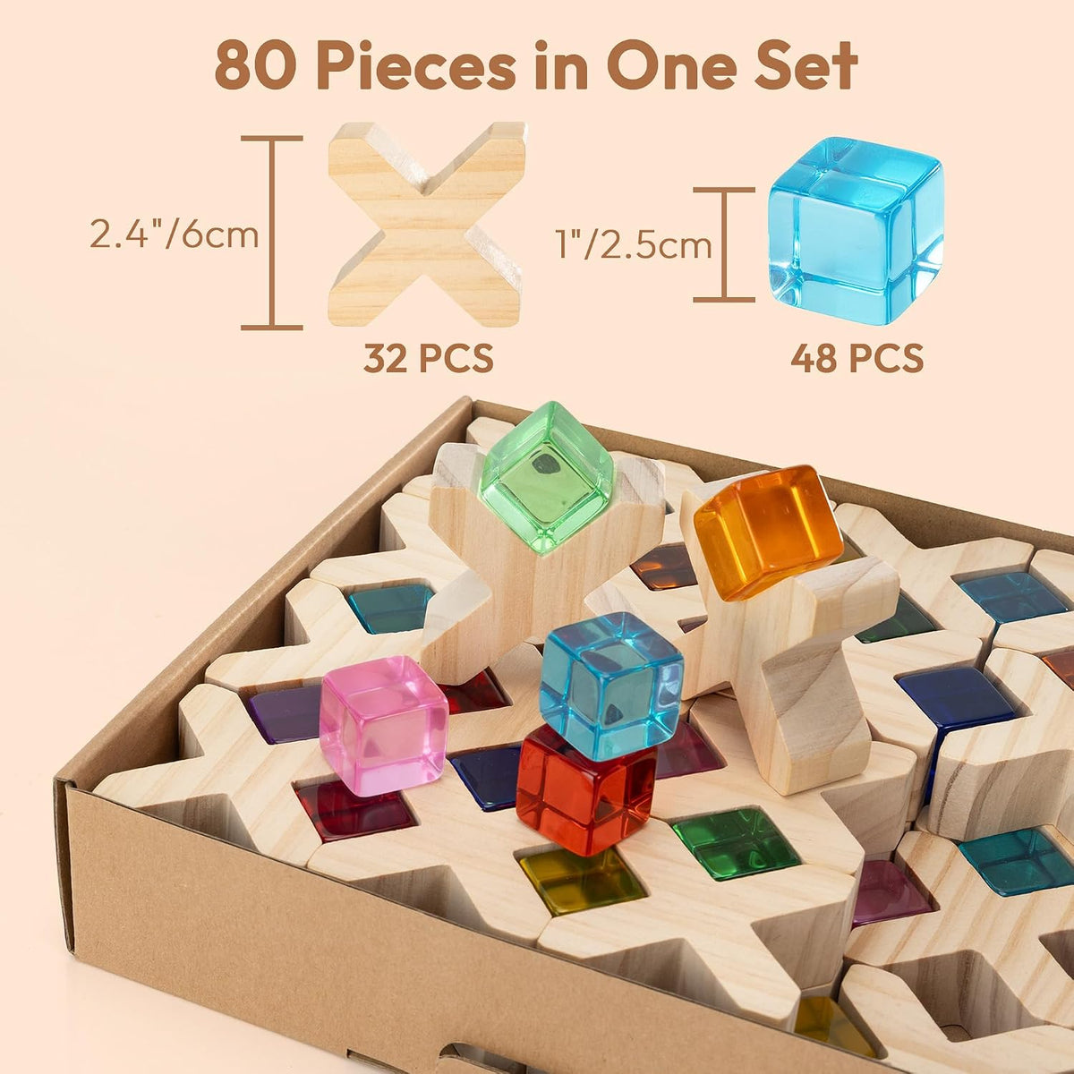 Woodtoe 24 PCS Rainbow Blocks Set - 80 PCS Rainbow Blocks Set - image 2
