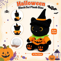 MUFEIRUO Halloween black cat plush holding pumpkin bag, wearing orange witch hat - view 17
