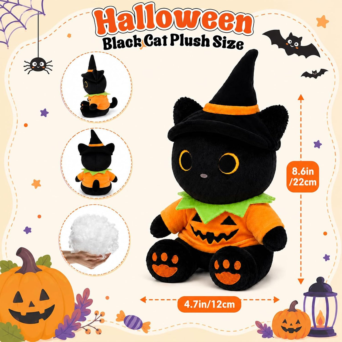 MUFEIRUO Halloween black cat plush holding pumpkin bag, wearing orange witch hat - view 17